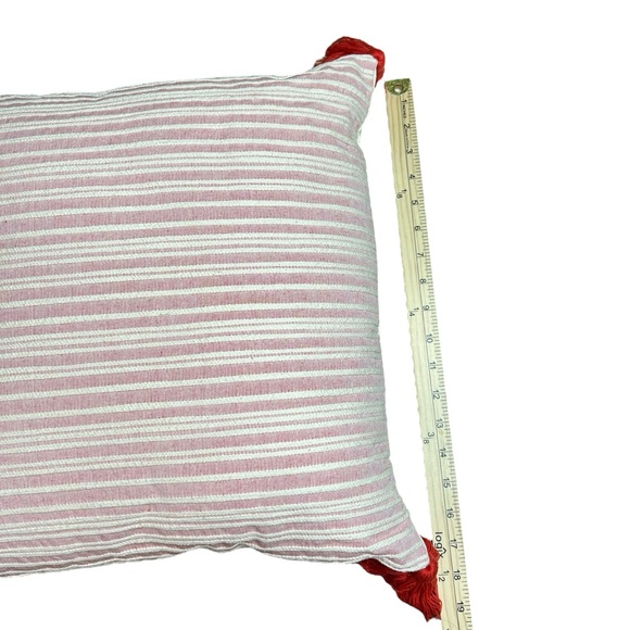 Pier 1 Set of 2 Matching 18”x18” muted red stripe pillows w/tassels & inserts - Picture 3 of 6